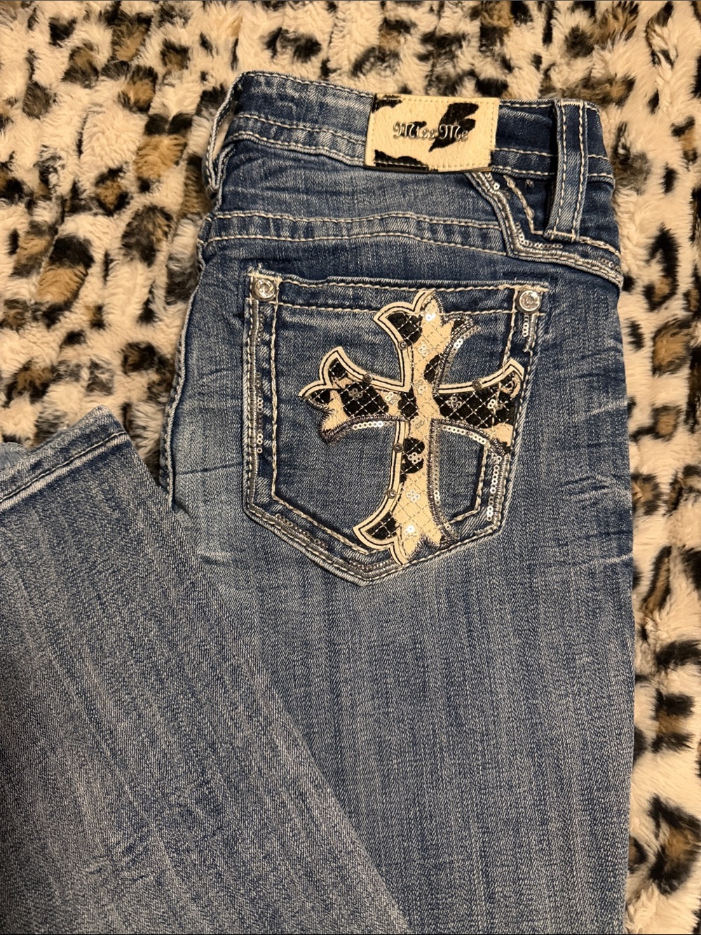 Miss Me Blue Skinny Jeans with Cream & Black Embroidered Cross